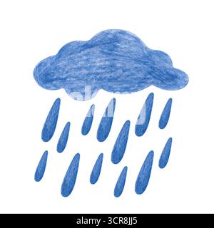 A dark blue cloud with rain is drawn with pencils. The colored pencil illustration is isolated on a white background. A child's drawing. For textiles Stock Photo