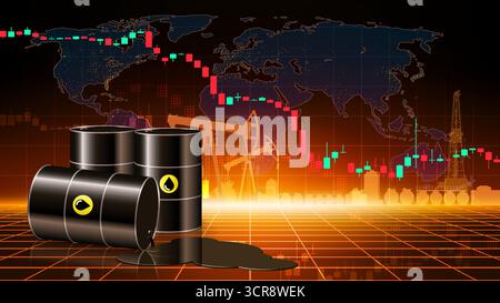 Chart of falling oil prices per barrel. Crude oil barrels on dark abstract desert background. Analysis fall of global energy markets. World market Stock Vector