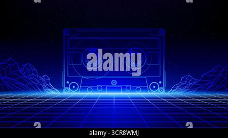 Retro futuristic abstract background. Synthwave 80s style poster. Neon triangle, 3d laser grid, audio compact cassette, wireframe mountain. Music temp Stock Vector