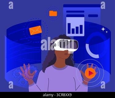 Futuristic dark skinned woman using virtual reality headset. Modern woman with VR headset working with business data. Virtual interface with science a Stock Vector