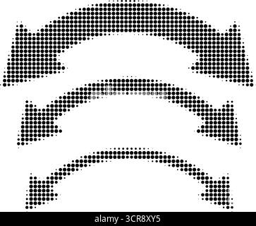 Abstract retro illustration of round halftone double sided arrows pointing left and right. Black circular dot pattern, geometric arrow shapes. Minimal Stock Vector