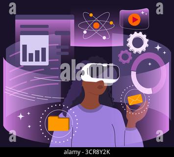 Futuristic dark skinned woman using virtual reality headset. Modern woman with VR headset working with business data. Virtual interface with science a Stock Vector