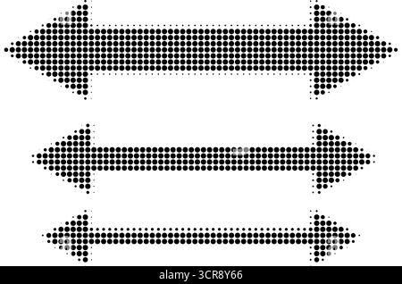 Abstract retro illustration of round halftone double sided arrows pointing left and right. Black circular dot pattern, geometric arrow shapes. Minimal Stock Vector