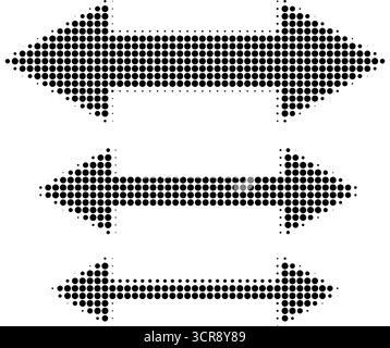 Abstract retro illustration of round halftone double sided arrows pointing left and right. Black circular dot pattern, geometric arrow shapes. Minimal Stock Vector