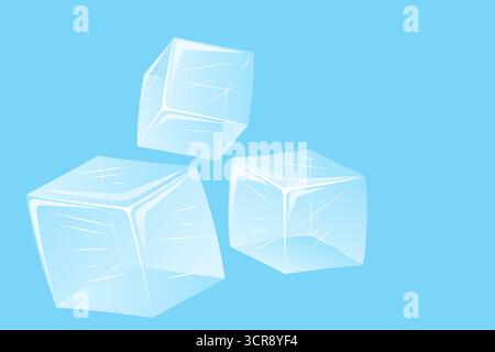 Illustration of three translucent ice cubes with sharp edges and realistic reflections, floating on a clean background. Ideal for food and drink desig Stock Vector