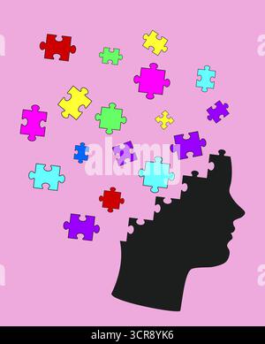 Silhouette of head made of vibrant puzzle pieces, symbolizing brain activity, education, memory and mental health. Abstract conceptual illustration of Stock Vector