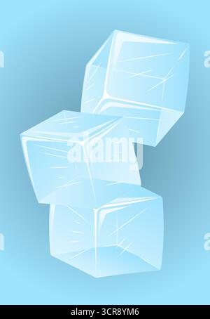 Illustration of three translucent ice cubes with sharp edges and realistic reflections, floating on a clean background. Ideal for food and drink desig Stock Vector