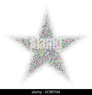 Abstract colorful stipple gradient halftone star, dotted textures of holographic color. Geometric noise star shaped, patterns are made of simple dots Stock Vector
