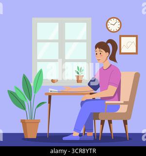 Flat illustration of a young woman sitting in a cozy room, checking her blood pressure using a digital monitor. The scene includes houseplants, a cloc Stock Vector