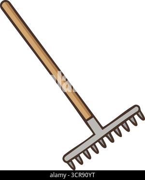 A classic rake featuring a wooden shaft and straight metal tines for gathering leaves and leveling soil Stock Vector