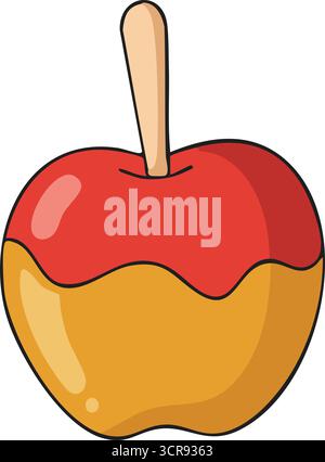 A glossy red apple coated in golden caramel with a wooden stick ready for snacking Stock Vector