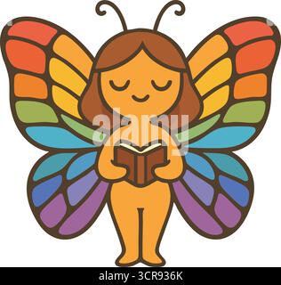 A cute character with large multicolored wings standing peacefully with hands together as if wishing Stock Vector