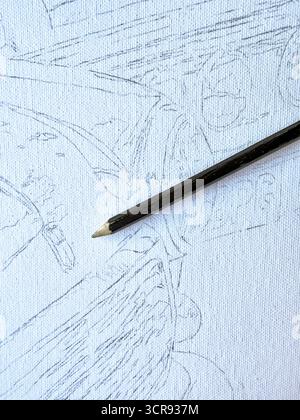 Close-up of a pencil sketch of vintage Mini on a white canvas, showcasing detailed artistic drawing preparation for oil or acrylic painting Stock Photo