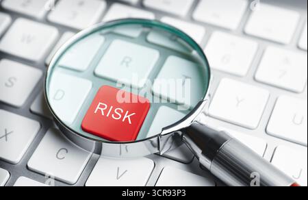 Magnifying glass on red button with word Risk on computer keyboard, closeup Stock Photo
