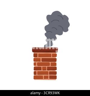 brick chimney with smoke polluting the air; concept of air pollution, smog, environmental issues, climate change, winter heatring, carbon dioxide , an Stock Vector