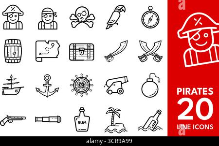 Pirates line icons set Stock Vector
