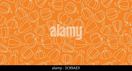 Silhouette of various pumpkins on orange background, seamless pattern. Autumn background with gourd vegetables. Fall vegetables for printing on paper, Stock Vector