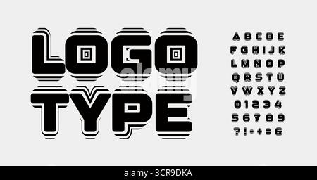 Bold geometric font logo alphabet, outline shadows typeface. Ancient tribal runes typography. Sound music festive banner flyer poster, creative Stock Vector