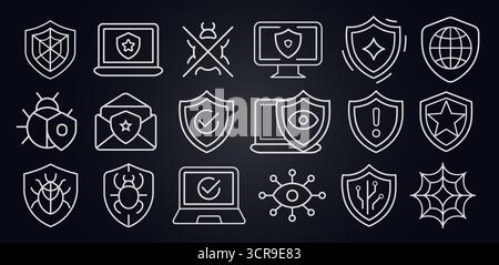 Outlined cybersecurity icons with shields, bugs, checkmarks, monitors, envelopes, and circuits. Malware alert, antivirus system, email and network Stock Vector