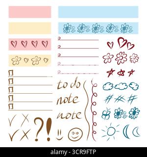 set of decorative elements and adhesive tape for sticker hand drawn heart flowers stars to do note Stock Vector