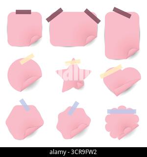 Set of vector realistic stickers in the shape of heart, star, flower, geometric shapes in pink with different adhesive tape Stock Vector