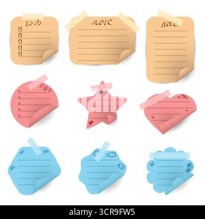 set of vector realistic stickers in the shape of heart, star, flower, geometric shapes of different colors with decorative elements drawn by hand Stock Vector