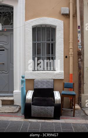 Outdoor Armchair & Street Furiture Outside Townhouse in Panier Old Town Marseille or Marseilles Provence France Stock Photo