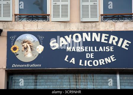 Sign for Marseille Soap or Soapmaker, La Licorne Savonnerie, Marseille or Marseilles Provence France Stock Photo