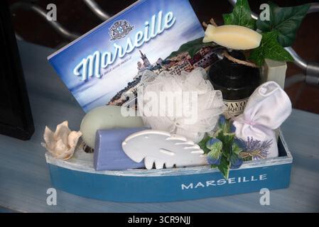 Marseille Soap, or Savon de Marseille, for Sale as Souvenir, Souvenirs or Gift Box in Marseille Rowing Boat La Licorne Soapmaker Marseille  France Stock Photo