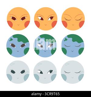 Hand drawn boho Sun, Moon and Earth planet icons with human face. Cartoon celestial set. Vector illustration Stock Vector
