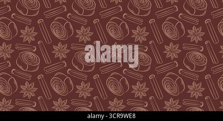 Seamless pattern with cinnamon bun, star anise and sticks drawn in line art style on a dark brown background. Perfect for bakery, cafe or kitchen Stock Vector