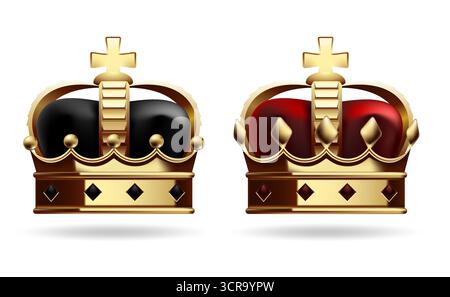 Elegant vector illustration of two luxurious golden crowns, black and red velvet, isolated on a white background. For royal themes, casino designs Stock Vector