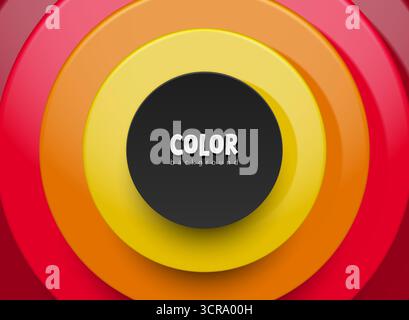 Abstract 3D vector background with layered red, orange, and yellow circles and a black center. Modern, glossy, and dynamic design perfect for branding Stock Vector