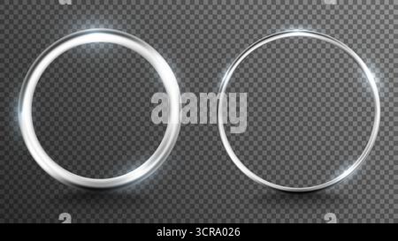 Vector illustration of a realistic silver ring frame with glowing light effects on a transparent background. Elegant luxury design element invitation Stock Vector