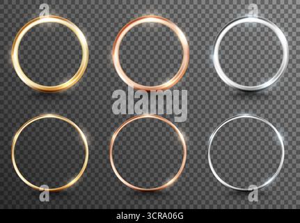 Set of golden, silver, and bronze ring frames, glowing light effects on a transparent background. Elegant luxury vector design elements for wedding Stock Vector