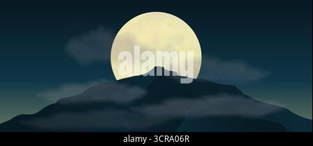 Minimalist vector illustration of a dark mountain silhouette against a full moon night sky with subtle misty clouds. Atmospheric nature landscape Stock Vector