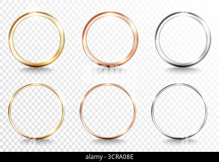 Set of golden, silver, and bronze ring frames, glowing light effects on a transparent background. Elegant luxury vector design elements for wedding Stock Vector