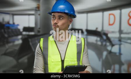 Young hispanic man in reflective vest and hardhat uses tablet indoors at airport. Stock Photo