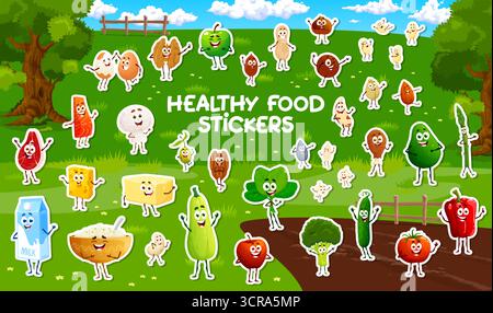 Breakfast food, veggies and nuts characters stickers. Cartoon vector healthy food patches including vegetables, fruits, nuts, dairy, and grains personages happy face and lively poses on summer field Stock Vector