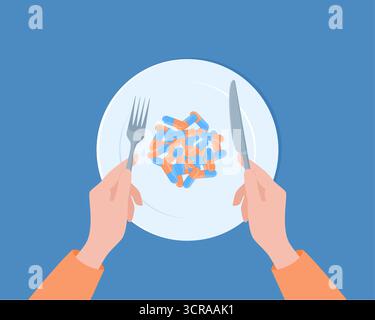 A pile of capsules on a plate and two hands holding a dinner knife and fork, top view. Flat vector illustration Stock Vector