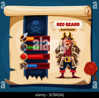 Pirate crew character options, game window on scroll. Cartoon boatswain corsair personage named Red Beard on old parchment with gaming interface stat bars, representing skills, strength and vitality Stock Vector