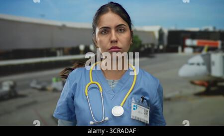 Young hispanic woman doctor beckons with hand and stethoscope at airport terminal beside airplane; authority. Stock Photo