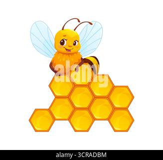 Cartoon honey bee character leaning on hexagonal honeycomb. Vector cute apiary insect personage with smiling face and open wings, surrounded by yellow honey cells. Funny beekeeping mascot Stock Vector
