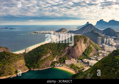 Spectacular panoramic view from Pao de Acucar (Sugarloaf Mountain) capturing the iconic Copacabana Beach curve and the dramatic Rio de Janeiro coastli Stock Photo