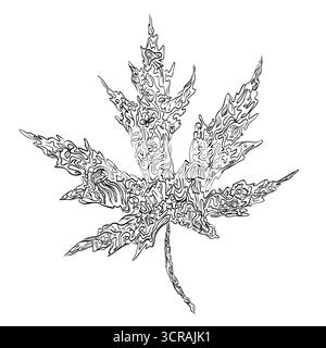 Silhouette intricate Line Art Maple Leaf of lace flowers, leaves, mushrooms, dots, monograms ink graphic. Vector graphic Stock Vector