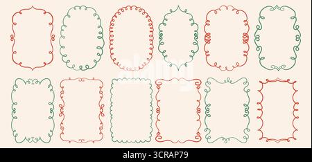 Hand Drawn Doodle Christmas Vintage Frames Set. Christmas and New Year Holiday Border Frames. Quirky Merry Christmas Line Art Frames Stock Vector
