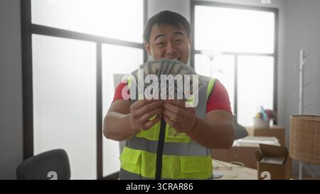 Young man holding money in new home interior wearing safety vest, showcasing happy expression amidst moving boxes, embodying success and construction Stock Photo