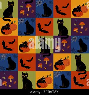 Seamless Halloween vector pattern with black cats, bats, pumpkins, spider webs, mushrooms, and autumn leaves on colorful checkered background. Stock Vector