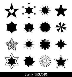 Collection of Decorative Star Shapes and Abstract Starburst Icons. Vector Illustration. Perfect for logos, icons, festive decorations, holiday themes. Stock Vector