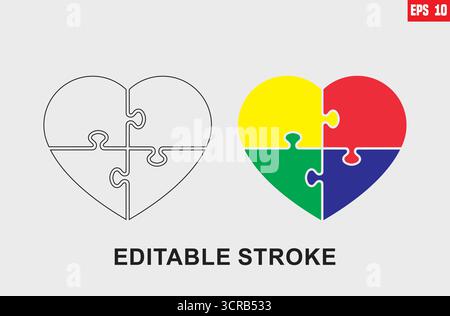 Heart puzzle. Heart puzzle set. Silhouette and linear style. Vector illustration. Stock Vector